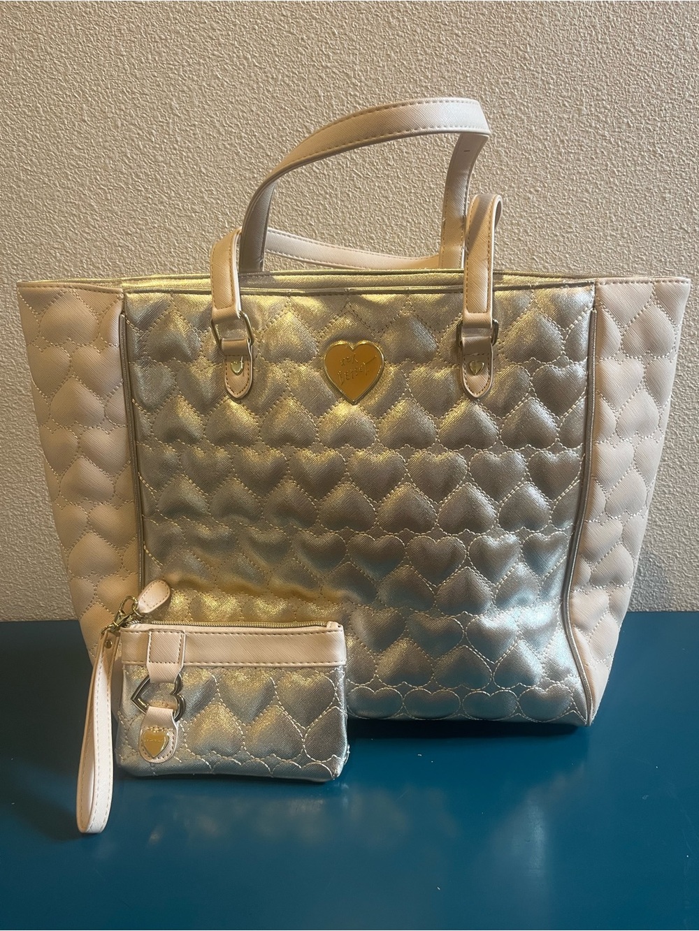 Betsey Johnson Gold and Cream Quilted Heart Tote with Wristlet